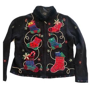 Vtg Designers Originals Studio P-Small Cardigan Granny Christmas Stocking Beaded
